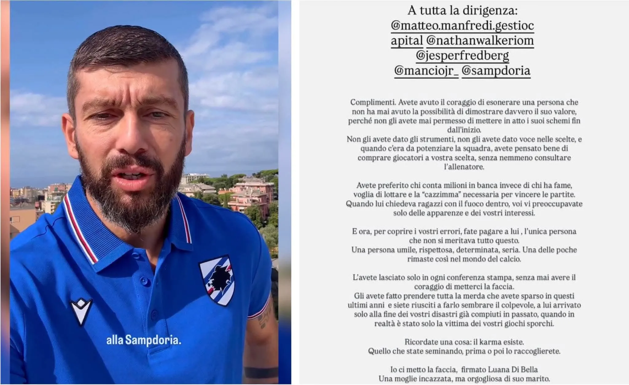 Donati esonerato, la moglie attacca la Sampdoria e tagga i componenti: il duro sfogo 
